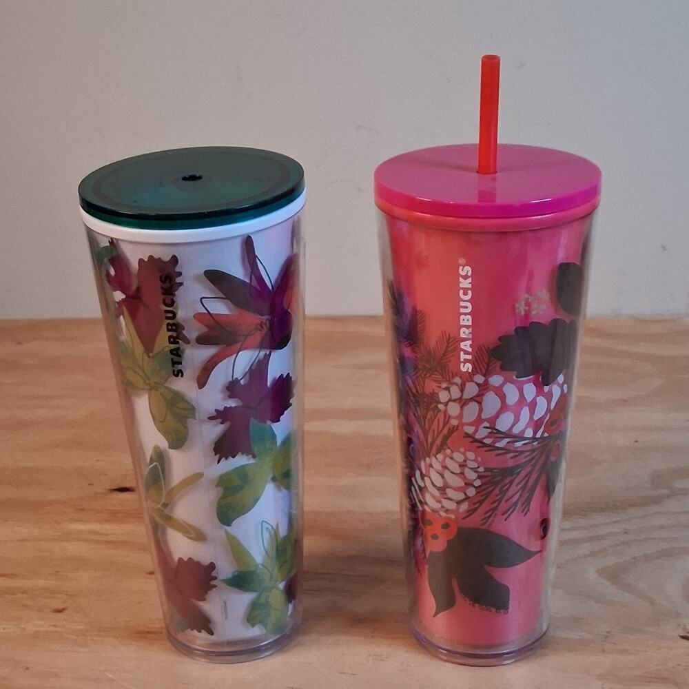 Starbucks Floral Travel Cups Tumblers Set Of 2 Cups With Lid And Straw Pink Grn